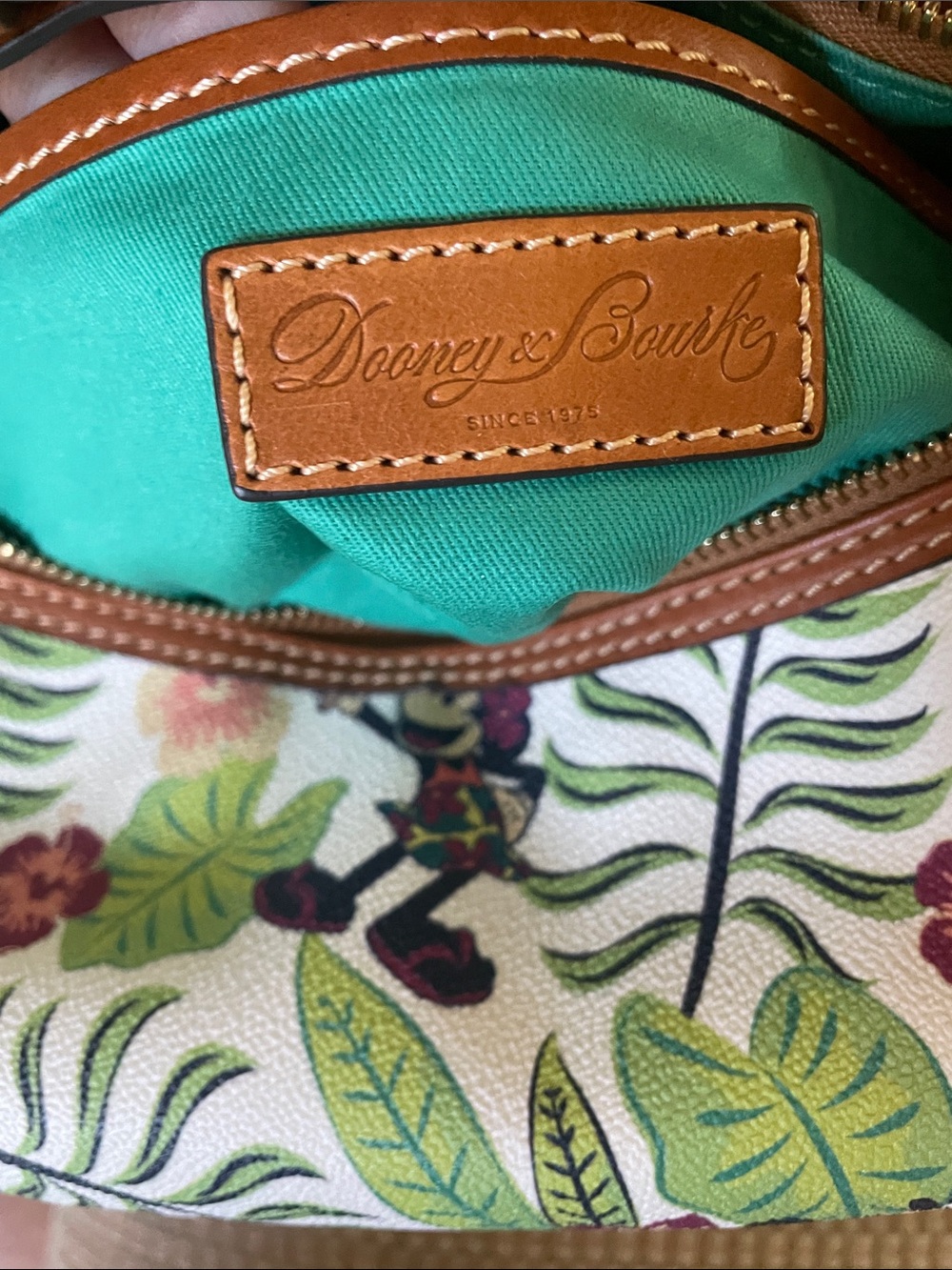 Dooney & Bourke White Canvas Tropical Floral Mickey Shoulder Bag with Tan Trim - Picture 6 of 7